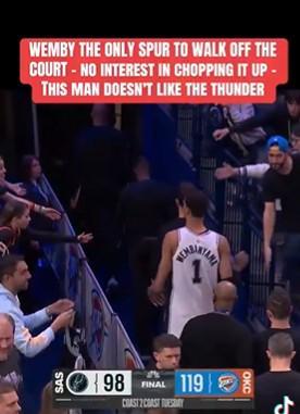 输完不开心？不敌雷霆后文班亚马是唯一直接离场的马刺球员