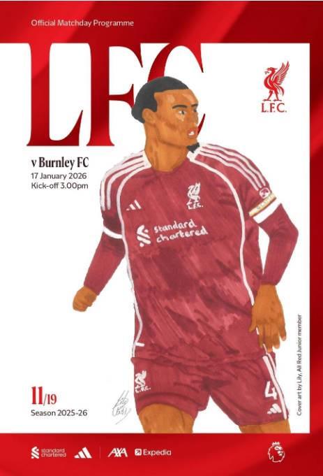 利物浦公布对伯恩利的比赛日手册封面：为13岁球迷画的范戴克