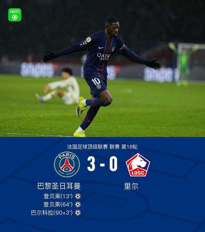 剑南春｜巴黎3-0里尔，登贝莱梅开二度，巴尔科拉建功