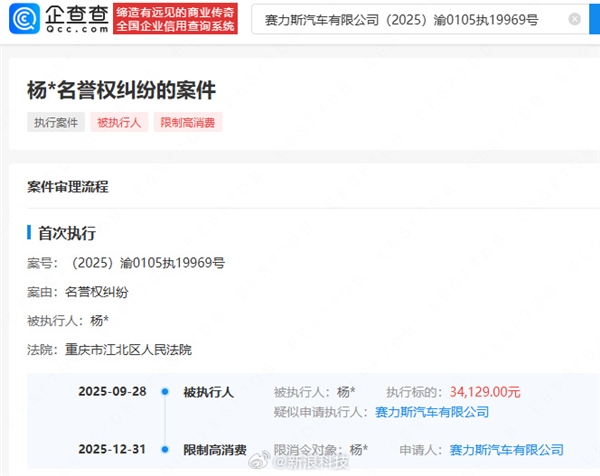 赛力斯维权胜诉 博主判赔3万元拒不执行被限高